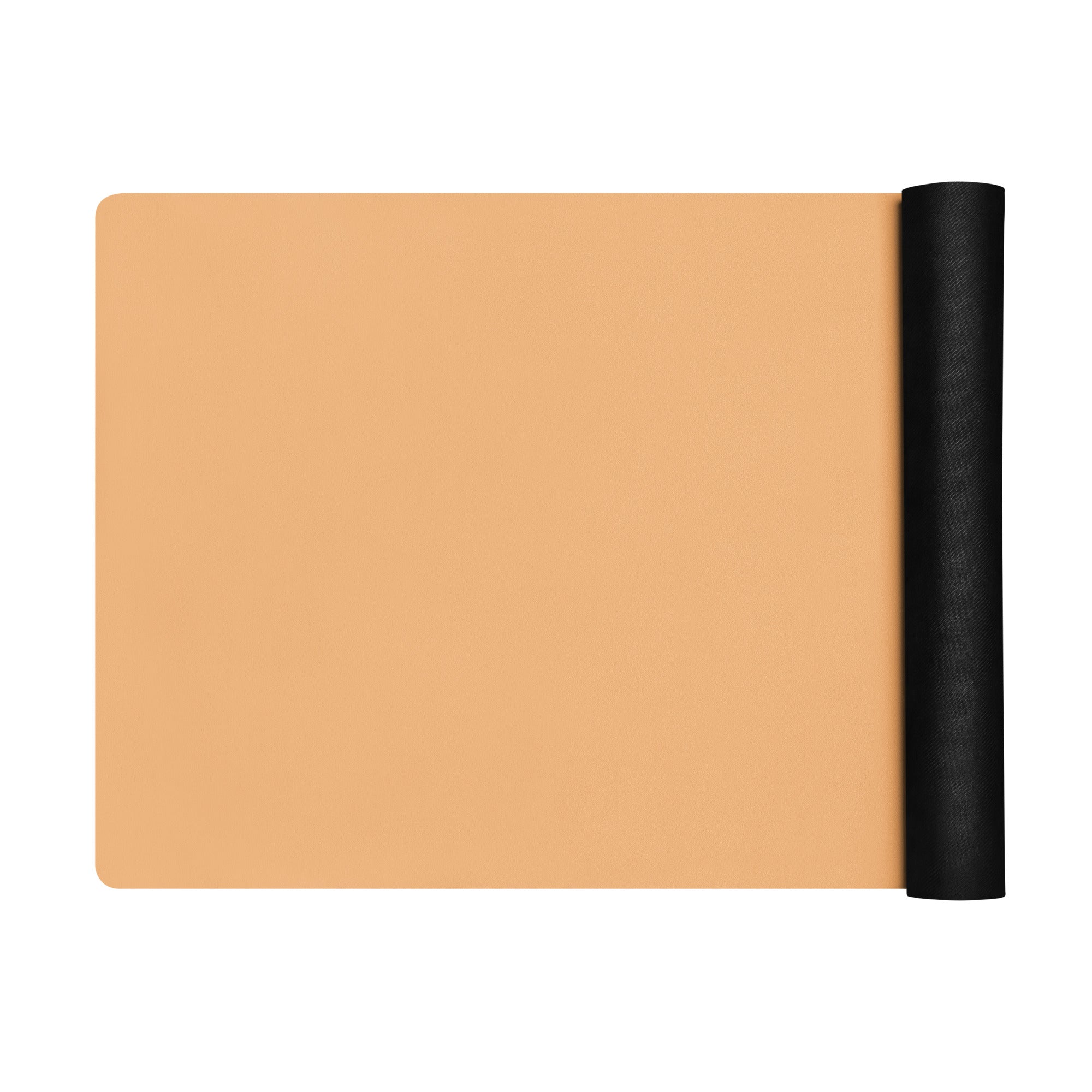 Golden yoga mat with a black rolled end, shown laid out flat