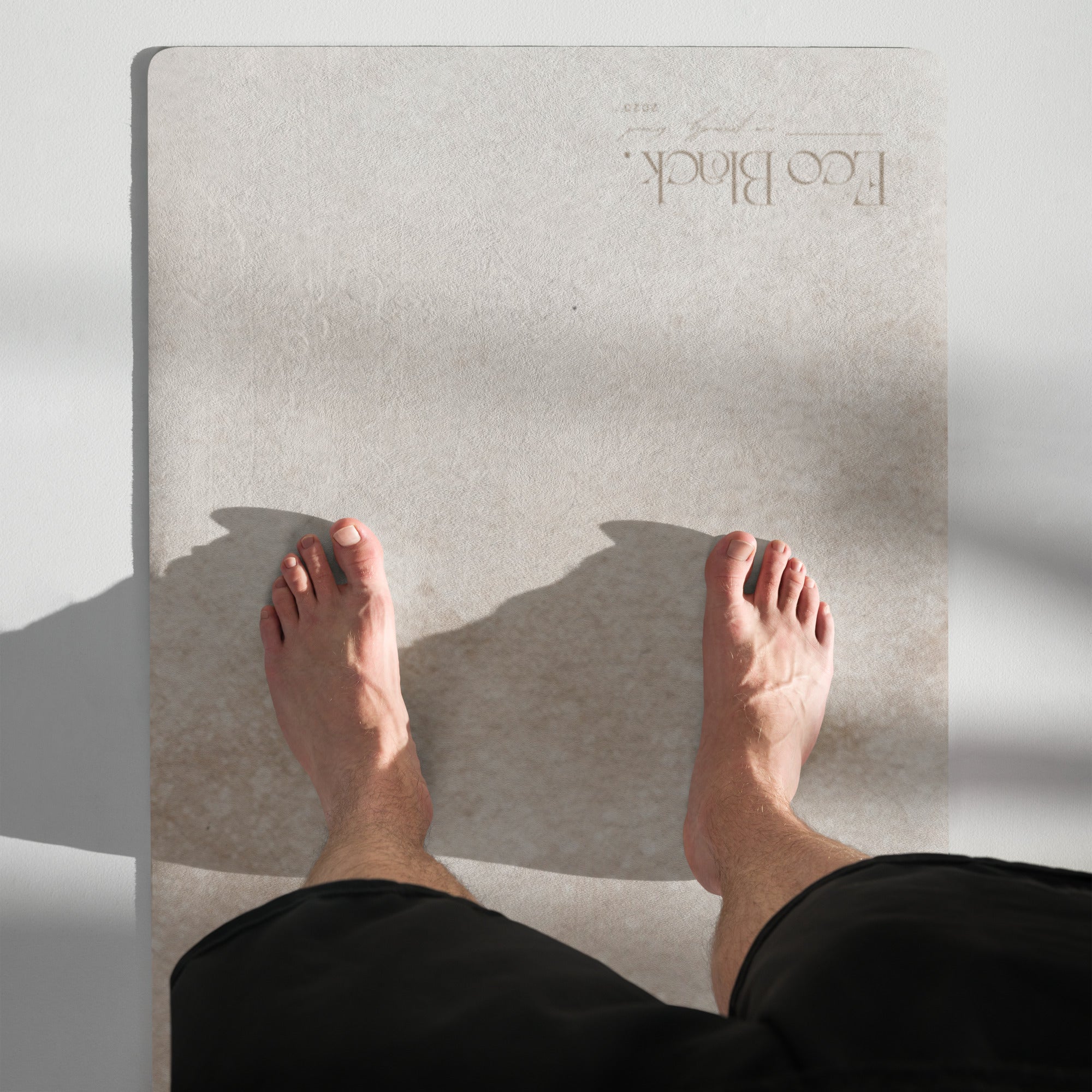 Yoga mat with caramel wash finish under bare feet