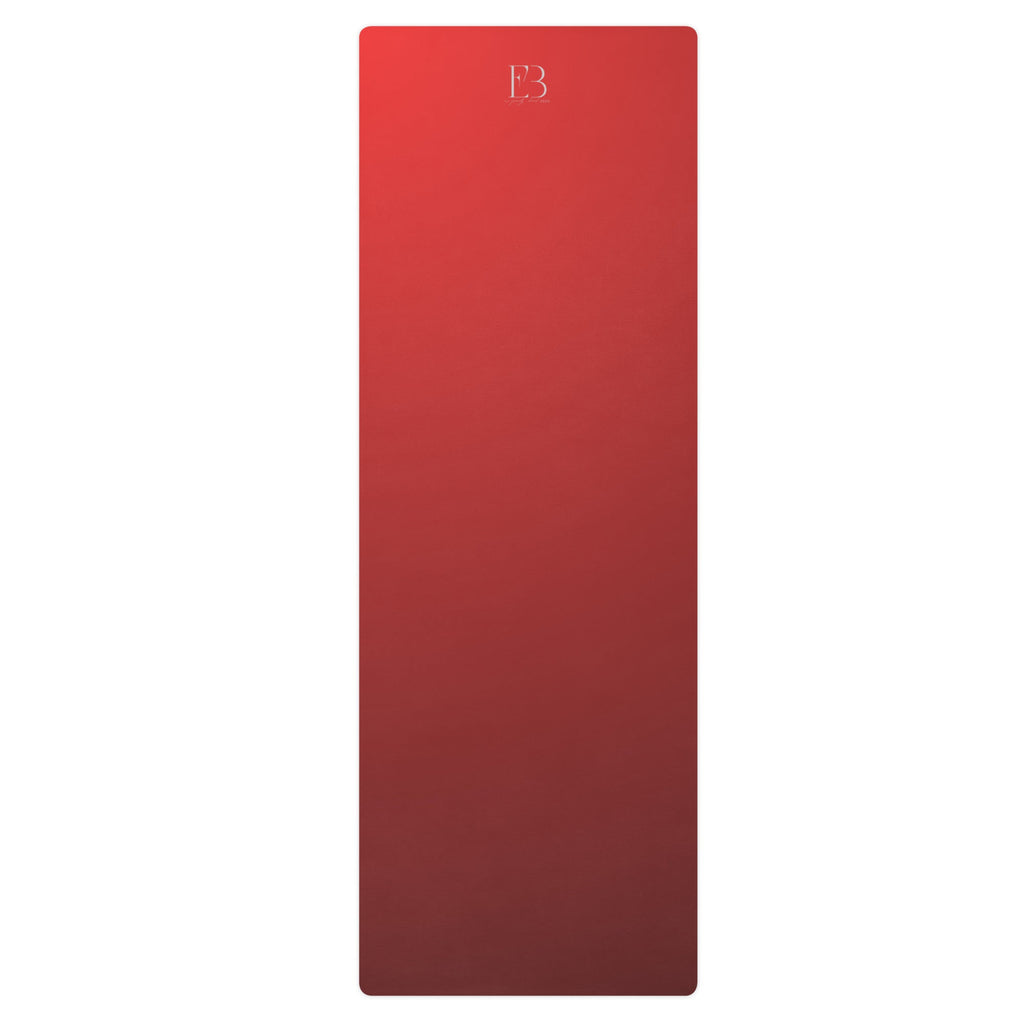 Crimson yoga mat with embossed logo, top view