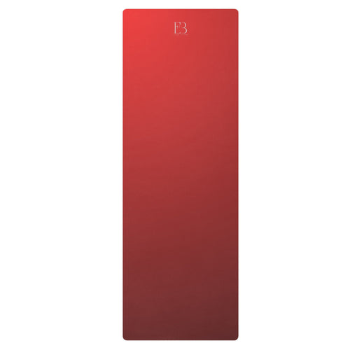Crimson yoga mat with embossed logo, top view