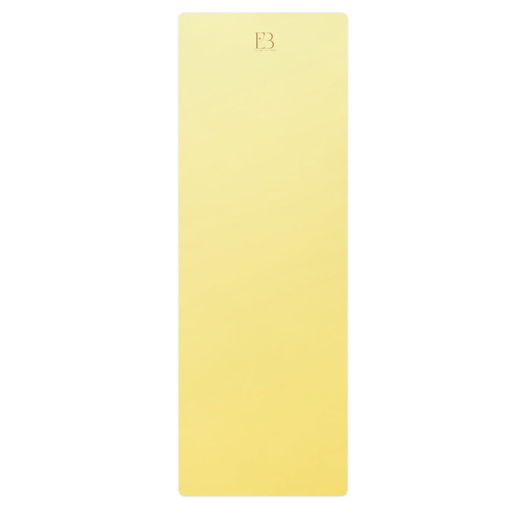 Yellow natural rubber yoga mat, straight edge and centered embossed logo.
