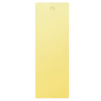 Yellow natural rubber yoga mat, straight edge and centered embossed logo.