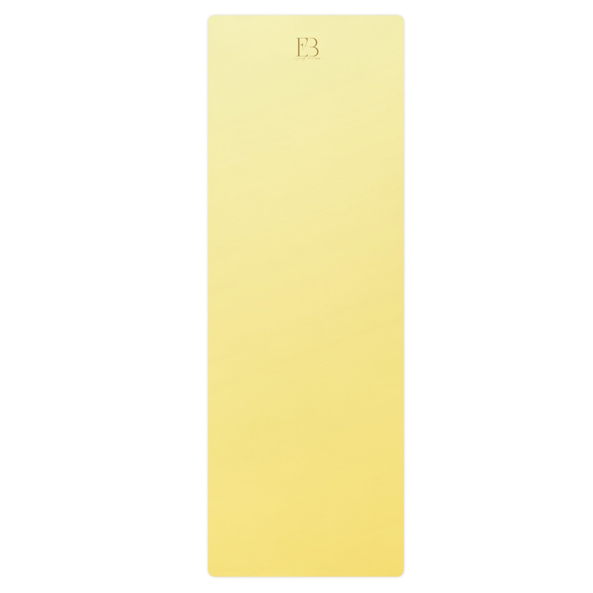 Yellow natural rubber yoga mat, straight edge and centered embossed logo.