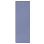 Pale iris natural rubber yoga mat, flat and embossed logo in the center