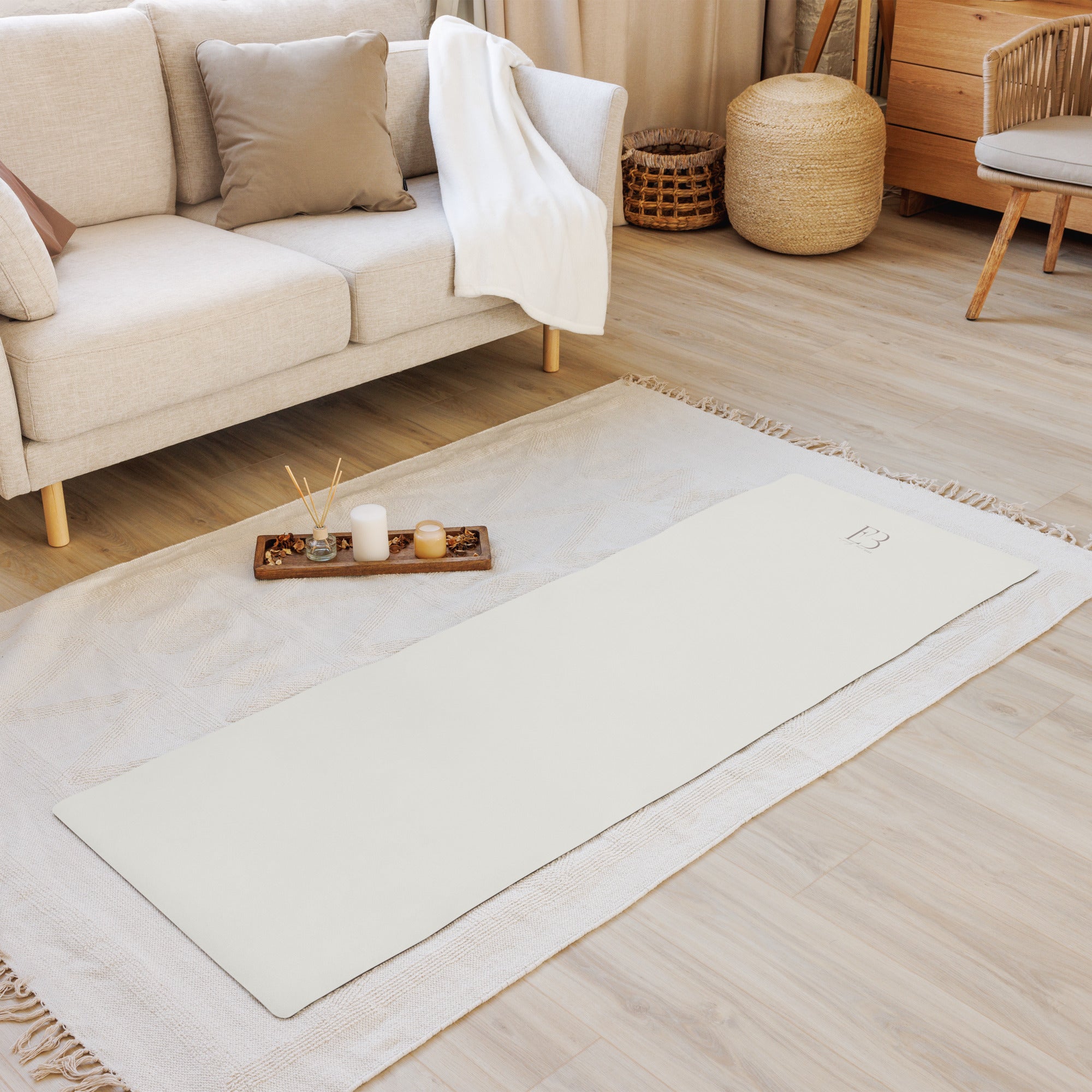 Cream natural rubber yoga mat laid flat for yoga practice