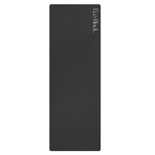 Black natural rubber yoga mat, flat with visible Eco Block logo near the top edge.