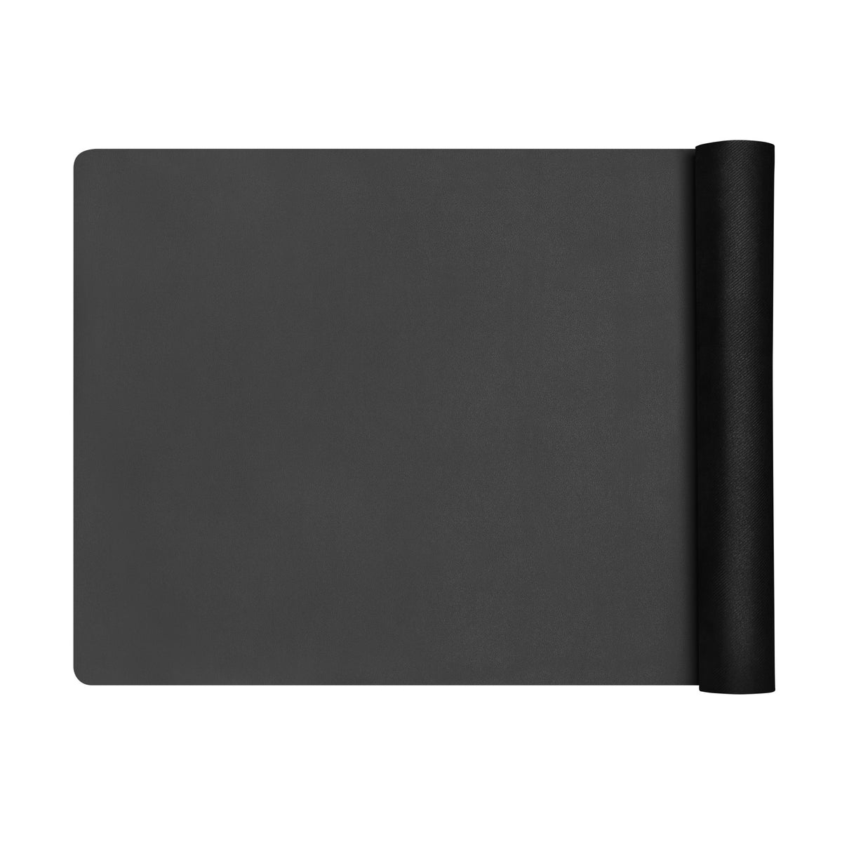 Rolled black yoga mat laid out flat, showing the rolled cylinder on one side.
