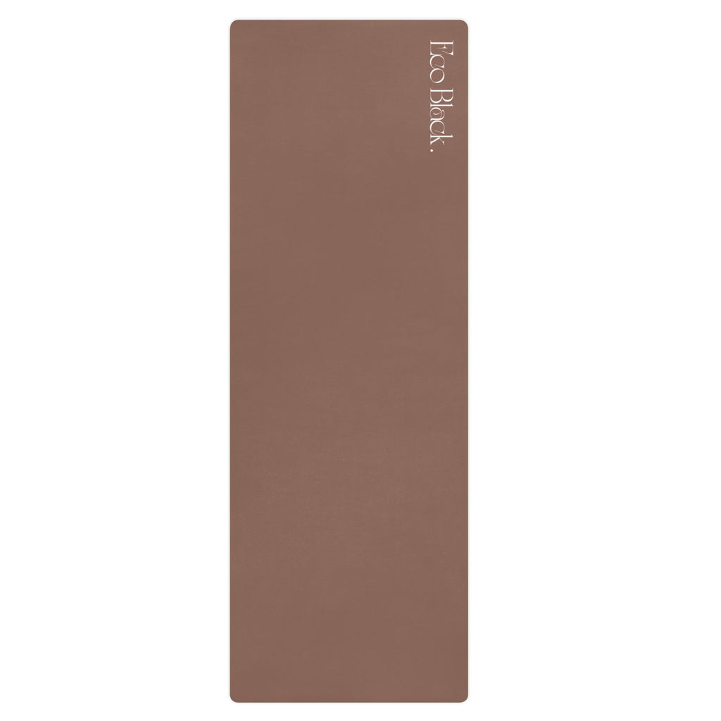 Chocolate natural rubber yoga mat, rectangular sheet with white logo on top