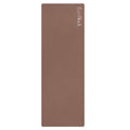 Chocolate natural rubber yoga mat, rectangular sheet with white logo on top