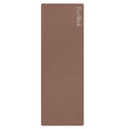 Chocolate natural rubber yoga mat, rectangular sheet with white logo on top
