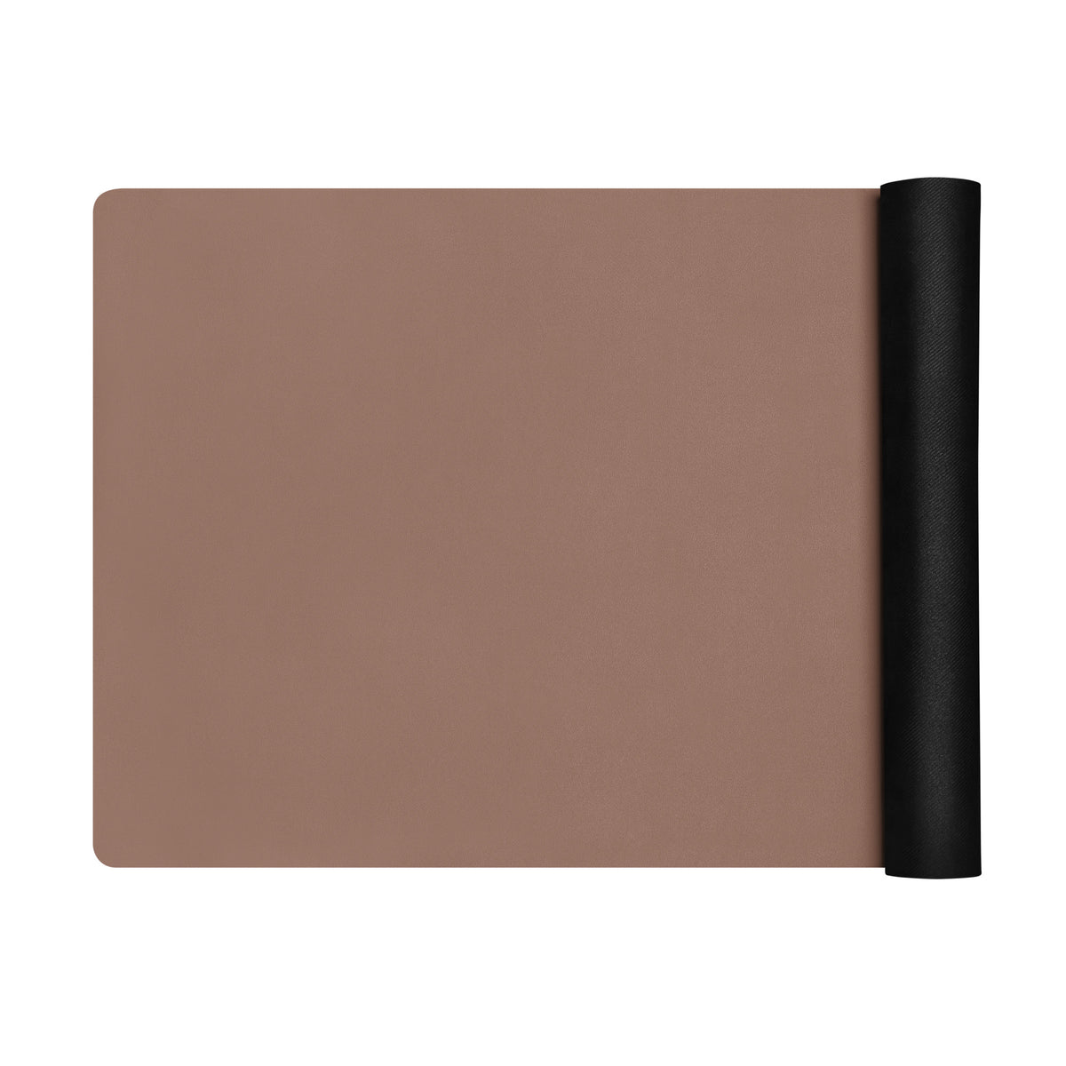 Chocolate yoga mat folded with a black rolled side