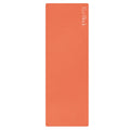 Orange natural rubber yoga mat with rounded corners and subtle embossed logo.