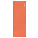 Orange natural rubber yoga mat with rounded corners and subtle embossed logo.