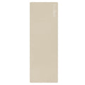 Yoga mat in bone beige with rounded corners and embossed logo on top surface.