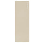 Yoga mat in bone beige with rounded corners and embossed logo on top surface.