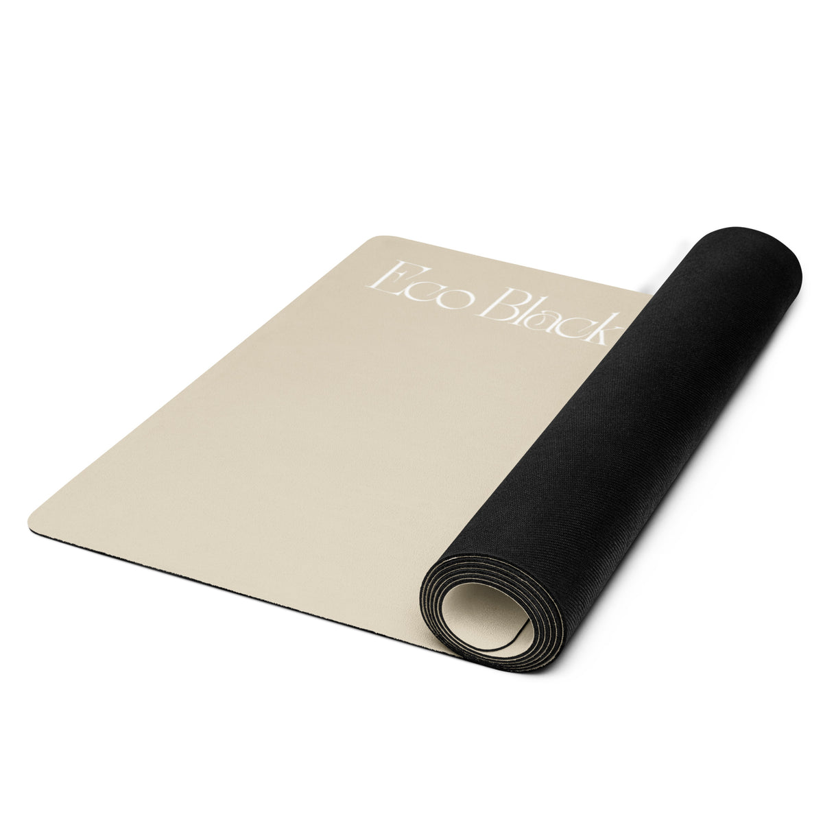 Yoga mat rolled up, showing bone beige surface with a black rolled end and rim.