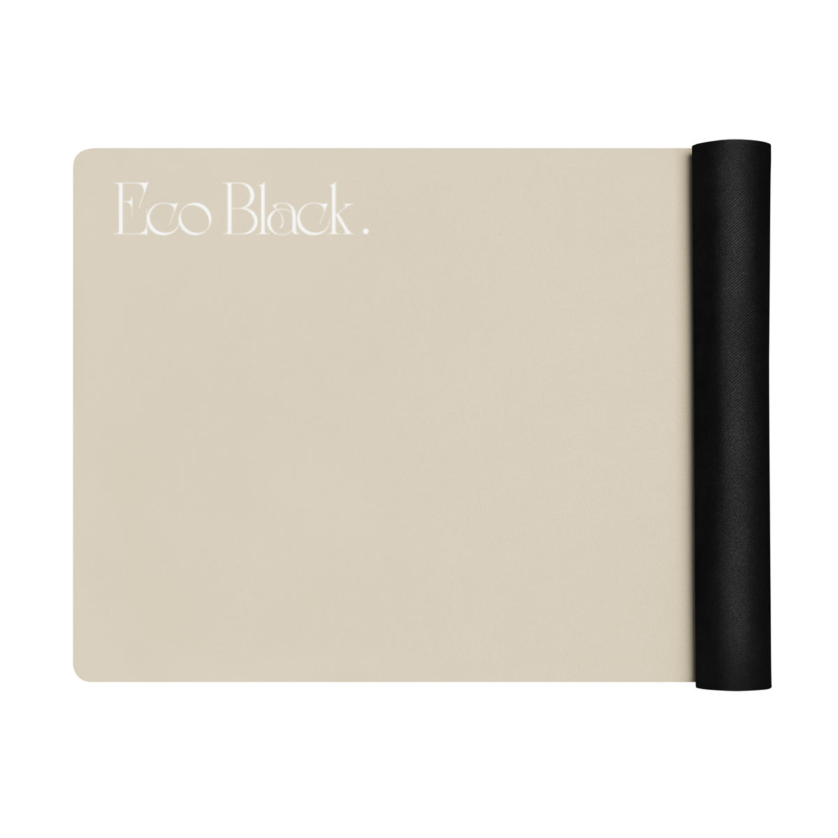 Bone beige yoga mat with black rolled edge on the side, showing embossed branding.