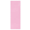 Pink natural rubber yoga mat with embossed branding on top edge