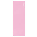 Pink natural rubber yoga mat with embossed branding on top edge