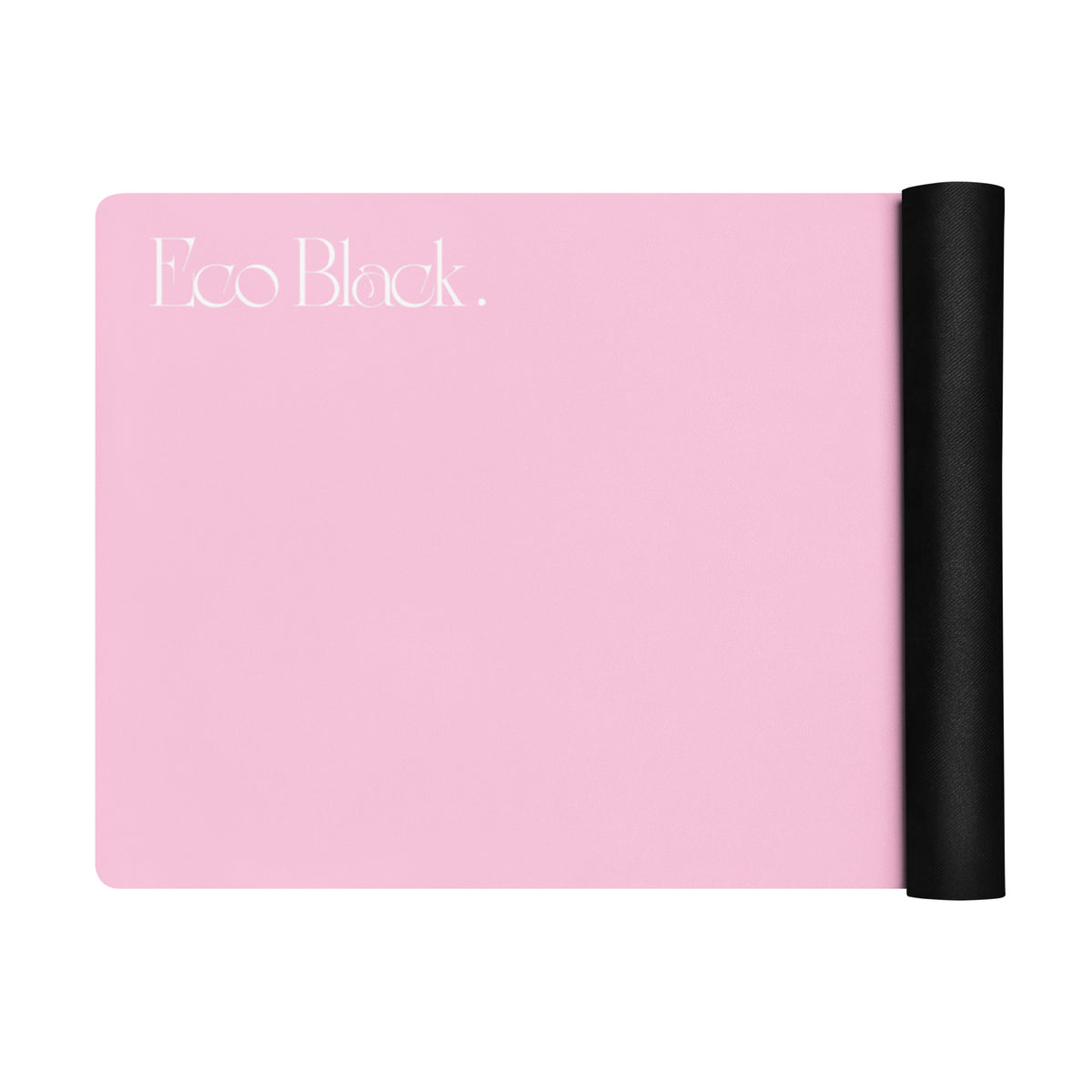 Pink yoga mat partially unrolled with black end roll on the right