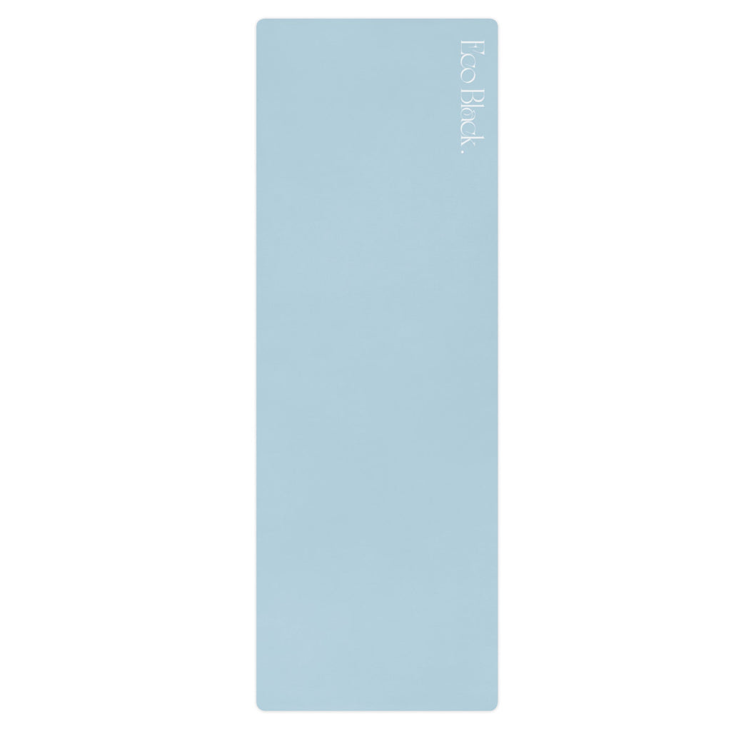 Powder blue natural rubber yoga mat with embossed EcoBlack branding, flat view.