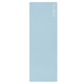 Powder blue natural rubber yoga mat with embossed EcoBlack branding, flat view.