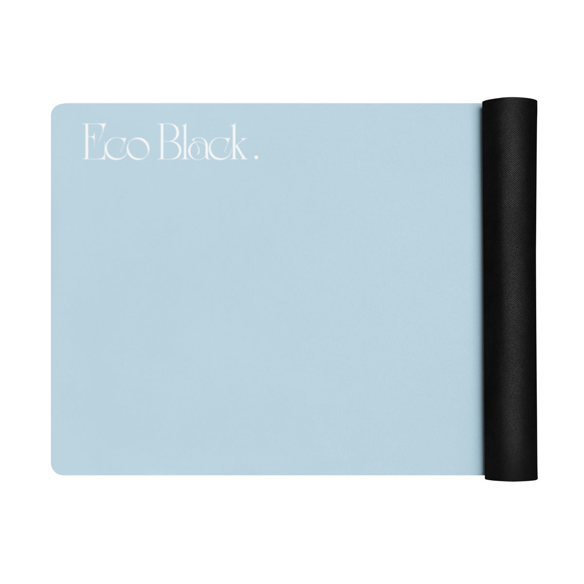 Powder blue natural rubber yoga mat with black rolled end and EcoBlack branding.
