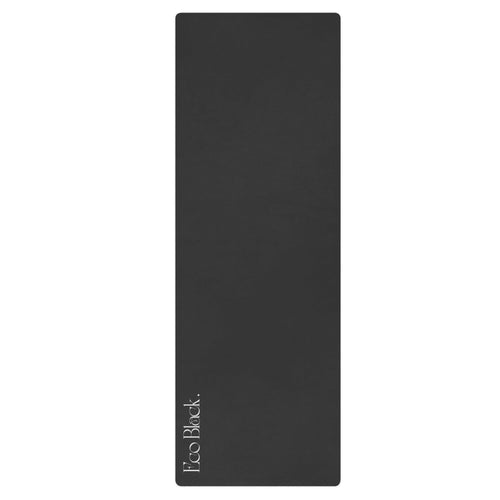 Black natural rubber yoga mat with textured surface and EcoBack logo