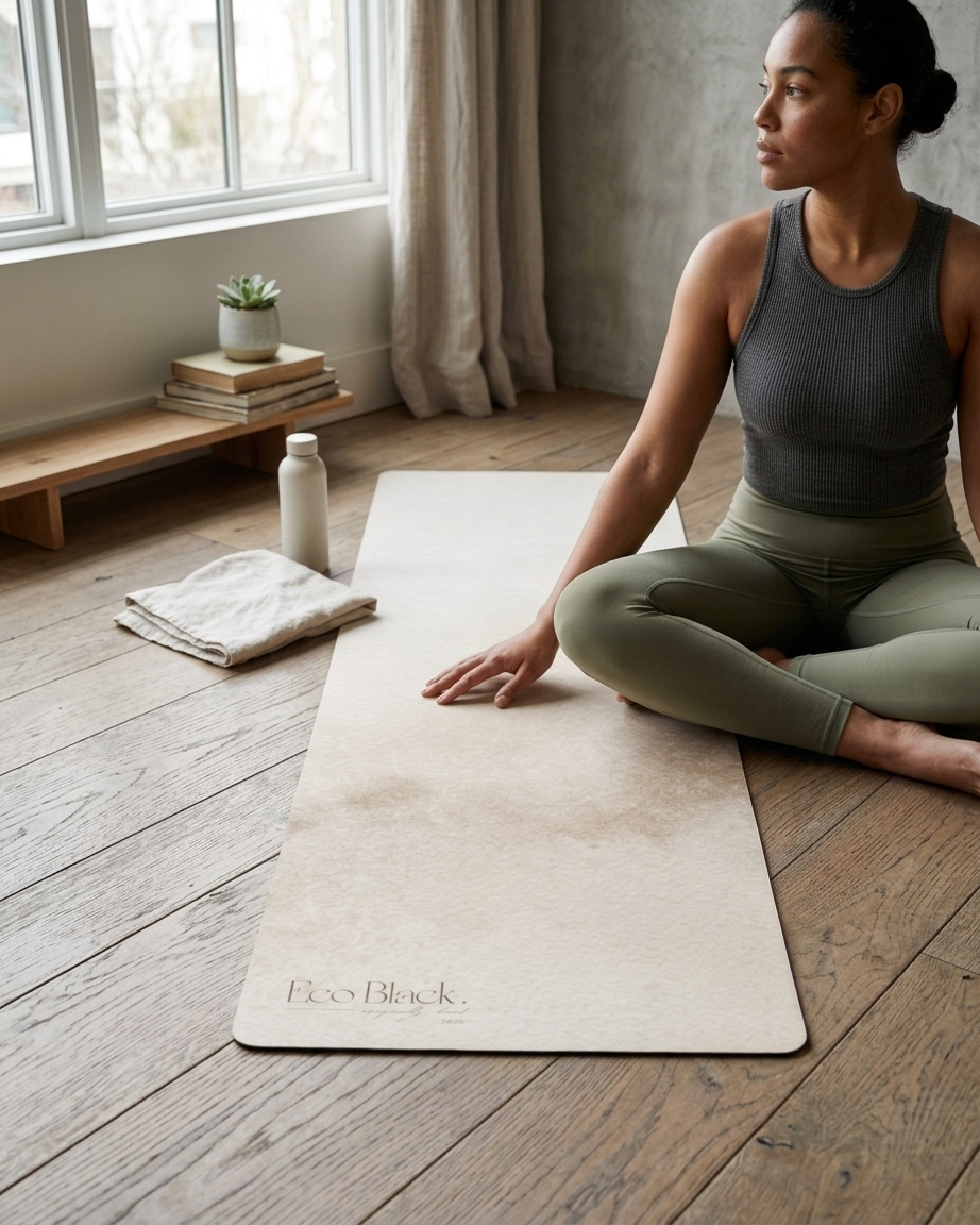 Light beige yoga mat on wooden floor during seated stretch pose