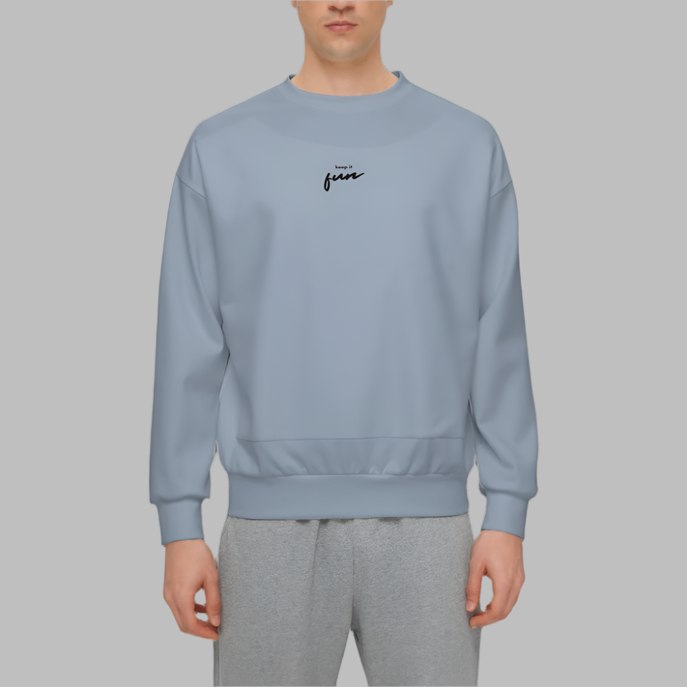 Men’s Relaxed Fit Grayish Light Blue Sweatshirt with Front Patch-Super Heavy 375g