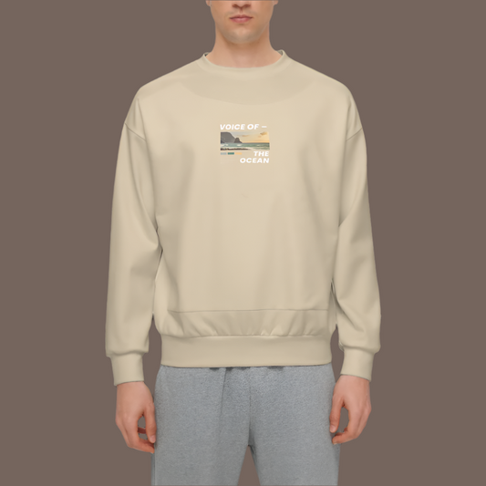 Men’s Relaxed Fit Light Ivory Sweatshirt with Front Patch-Super Heavy 375g