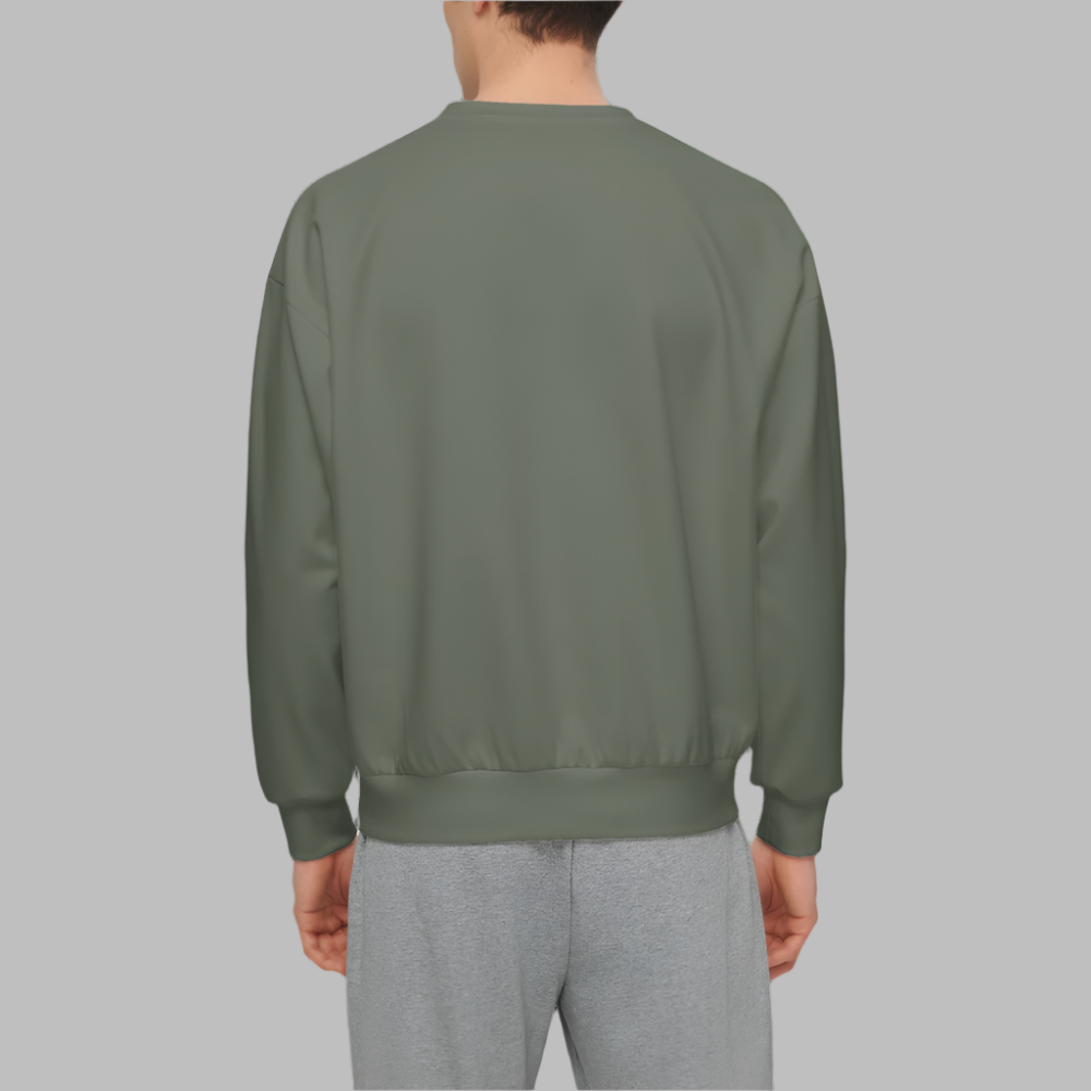 Men’s Relaxed Fit Olive Green Sweatshirt with Front Patch-Super Heavy 375g
