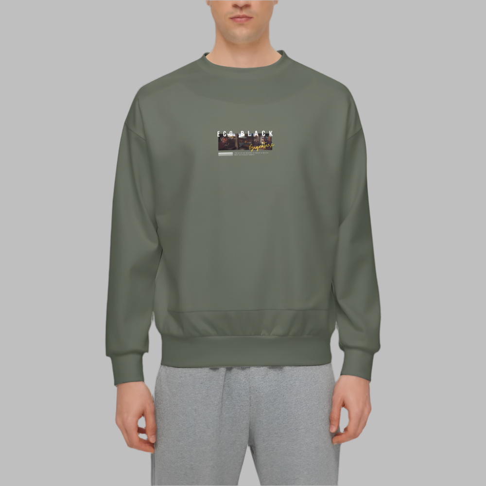 Men’s Relaxed Fit Olive Green Sweatshirt with Front Patch-Super Heavy 375g